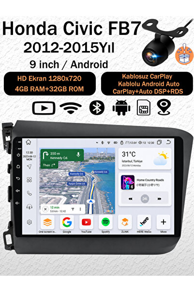 coni Honda Civic FB7 2012-2015 Uyumlu Android Navigasyon Multimedya Tesla Ekr...