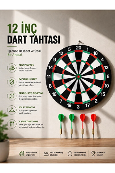ALFA AKSESUAR 03 12 Inch Wooden Dart Board Includes 4 Metal Tip Darts Arrows