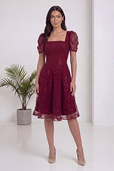 zks grup tekstil Women's Watermelon Sleeve Square Collar Embroidered Midi Len...