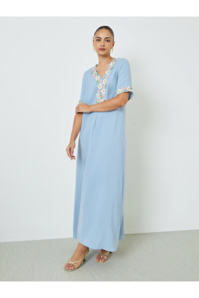 Amirah By Styli Light Blue Floral Lace Trim V Neck Jalabiya