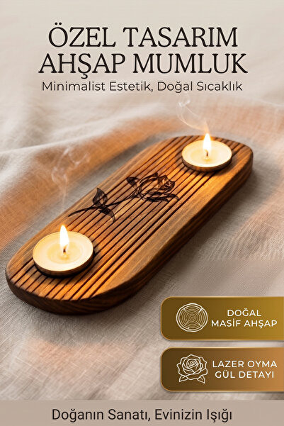 Myend Ahşap El Yapımı İki Bölmeli S Kıvrımlı Tasarım Mumluk, Doğal Ahşap Laze...