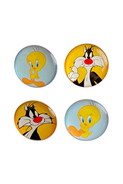 Yaya Dizayn Tweety ve Sylvester Temalı 4'lü Parlak Baskılı Rozet Seti