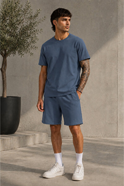 YAKAMEL Erkek Oversize Basic Şortlu Bisiklet Yaka Yazlık İkili Takım