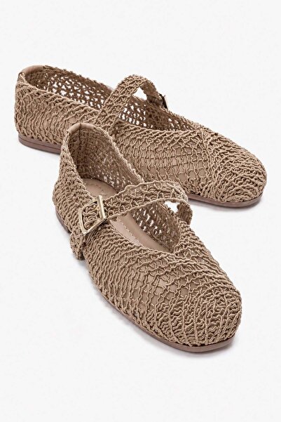 CCWAY AYAKKABI Women's Buckle Mesh Braided Ballerinas Vison