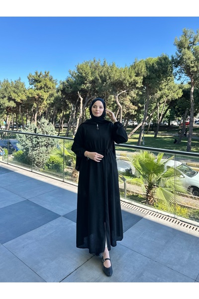 JALİA Reglan kol fermuarlı kemerli ince dokuma kumaş ferace-6077