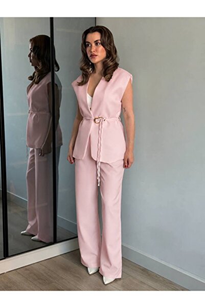 Açık pembe yelek& pallazo pantolon& gold kuşaklı takım