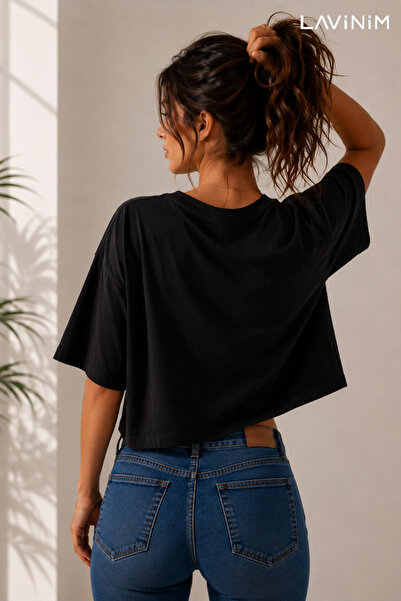 LAVİNİM Kadın Crop Boy Oversize Basic Tişört Salaş Kesim Pamuklu