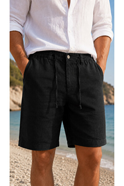ixir Men's 100% Cotton Linen Textured Lace-Up Elastic Waist Summer Shorts Black