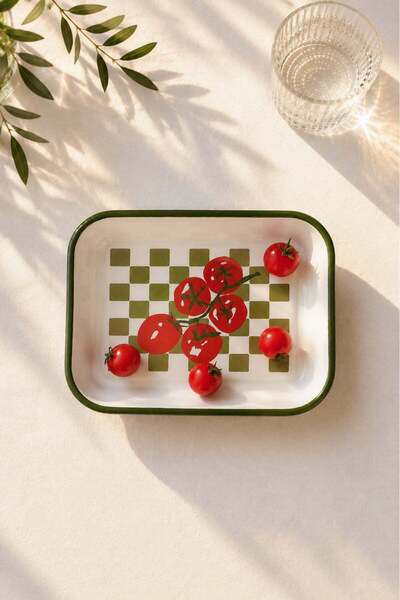 Barine Pomodoro Domates Desenli Emaye Servis Tabağı 21x14x4 cm