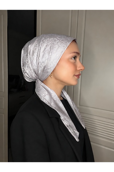 Anatolye Gri Desenli Jakarlı Eşarp Bone - Kaymaz Terletmez (Kaymayan)