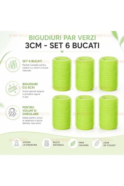 SHOPIENS Set de 6 bigudiuri autoadezive verzi, diametru de 3 cm, pentru coafa...