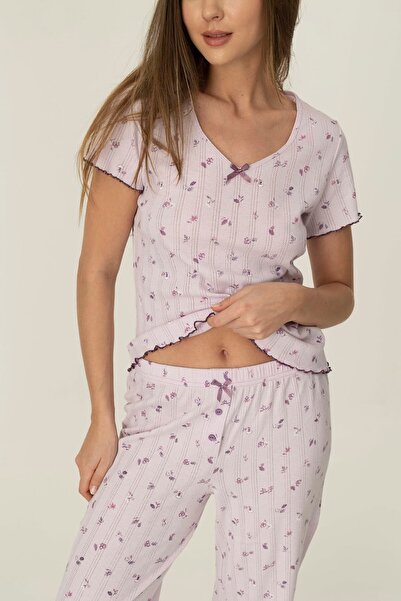 girlstop Kadın Pamuklu Pointelle Fiyonk Detaylı Kısa Kollu Pijama Üstü