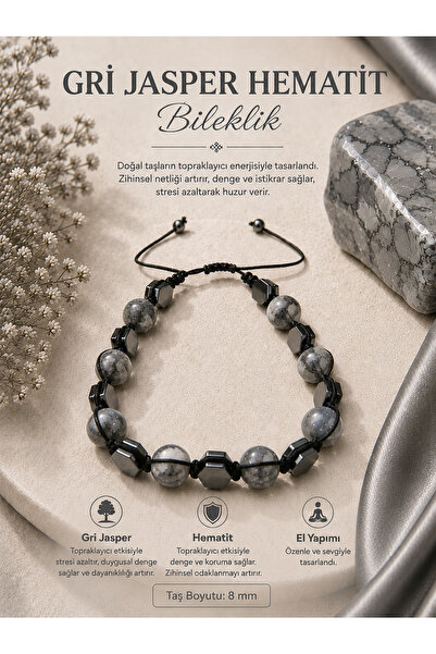 OSMANLI DOĞAL TAŞ Sertifikalı Gri Jasper - Hematit Bileklik ( 8 MM Makrome Ka...