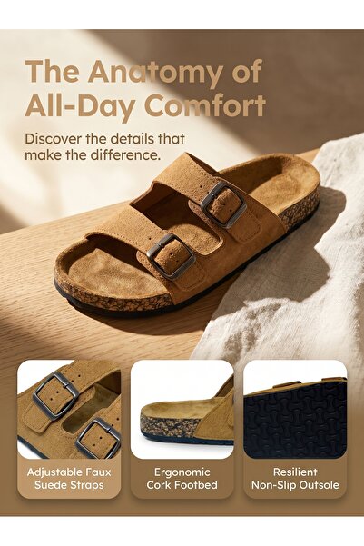 Dhiaa Walk Women's Classic Cork Footbed Sandals - Double Strap Buckle Suede S...