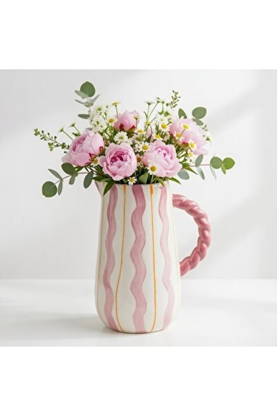 SHOPIENS Carafă ceramică decorativă 22 cm, albă cu linii roz, mâner torsadat,...