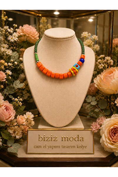 bizizmoda Papatya Glass Orange Daylight Glass Necklace