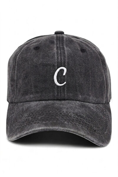 ŞapkaMania Black Embroidered Washable Vintage Unisex Hat with Letter C