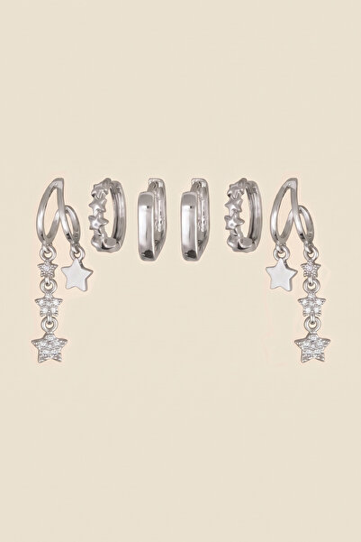 Hetra Silver Color Steel Zircon Stone Row Star Dangle Earrings Set of 6