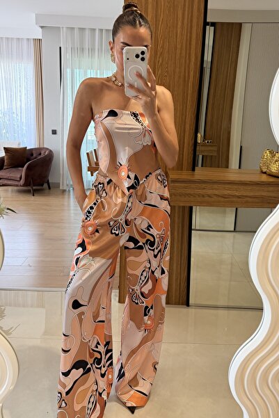 Gizem Ecemiş Sunflower Turuncu Saten Desenli Straplez Takım