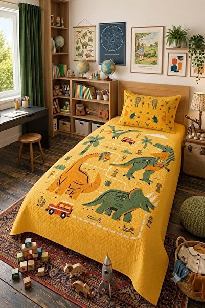 Evdek Bebek ve Çocuk Odası Dino Trail – Dinozor Tek Kişilik Pike Takımı 160X2...