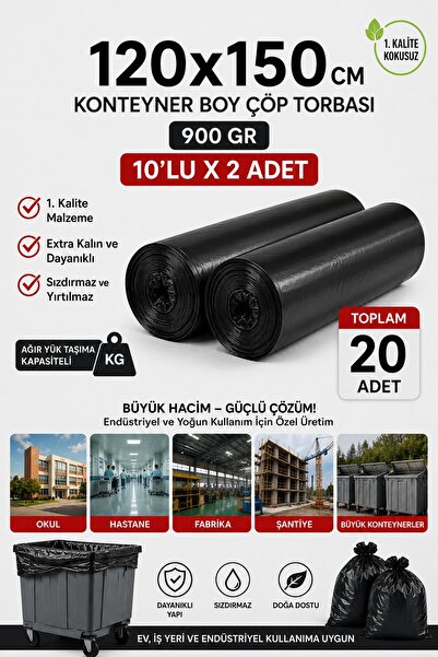 New City 120x150 cm 240 Litre Konteyner Boy Çöp Torbası 20 Adet Siyah Dayanık...