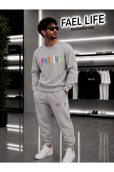 FAEL LİFE Unisex Wide Cut Zero Neck and Sweatpants Colorful Printed Set