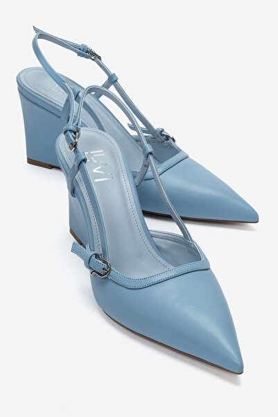 LuviShoes Celia Blue Leather Pointed Toe Women's Wedge Heeled Shoes