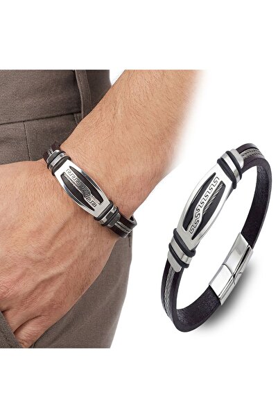 OGHAMAY Leather Cord Steel Rope Men's Bracelet 18394B17D6