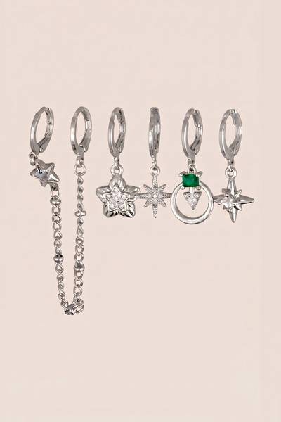 Hetra Silver Color Steel Green Stone Chain Star Dangle Earrings Set of 6