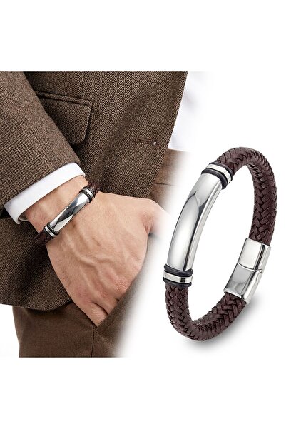 OGHAMAY Name Engravable Brown Leather and White Titanium Lock Bracelet 18393B...