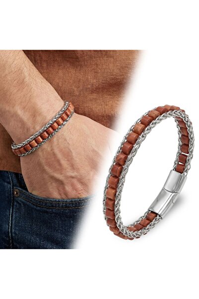 OGHAMAY Red Jasper Natural Stone Wicker Mesh Chain Men's Steel Bracelet 18392...