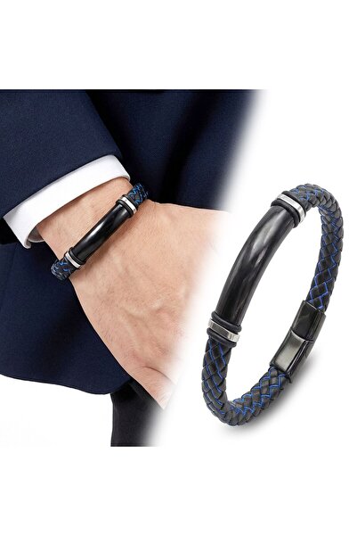 OGHAMAY Name Engravable Blue Black Leather and Black Titanium Lock Bracelet 1...
