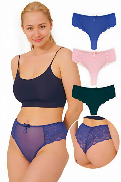 Homay 3-Piece Large Size Transparent Brazilian Panties Set with Tulle Detail ...