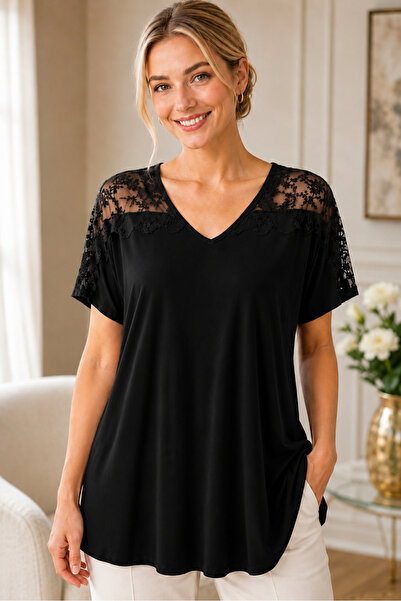 HELVEYS Women's V-Neck Short Sleeve Lycra Shoulder Lace Detailed Relaxed Cut ...