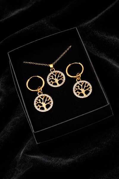 THE Steel Round Shaped Stone Tree of Life Necklace Earring Set Gold