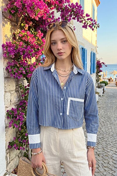 Lior Design Navy Blue Cuffs and Pockets Paneled Striped Oversized Cropped Wov...