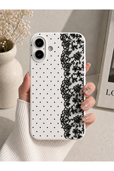 OVADA İphone 16 Uyumlu Puantiye Ve Dantel Desenli Silikon Telefon Kılıfı