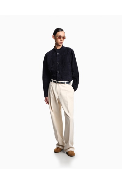 Emporio Armani Men's Relaxed Fit Pure Cotton Hard Fabric Pleated Beige Trousers