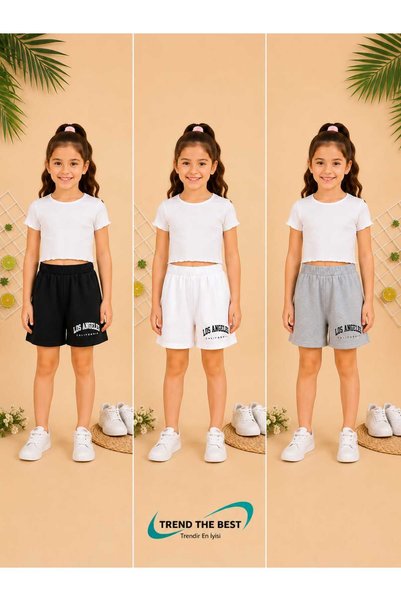 TREND THE BEST Trendin En İyisi Summer Los Angeles Printed Boys' and Girls' Black, White, Gray Colors 3-Piece Shorts