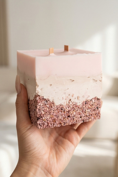 Büyük Dekoratif Küp Mum | Siyah Taşlı El Yapımı Lüks Mum | 12x12 cm