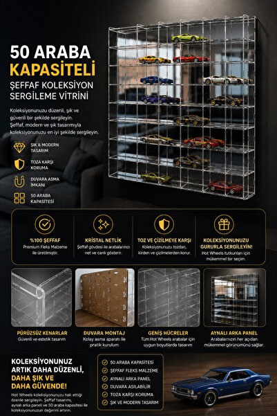 RAFKESTİR 50 Araç Kapasiteli Şeffaf Fleks Koleksiyon Standı – Aynalı Arka Panel