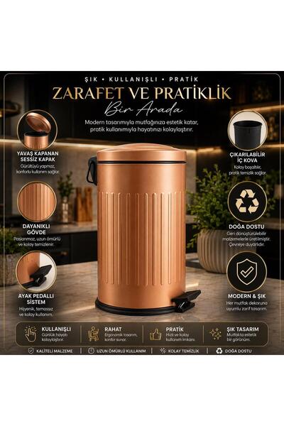 Eforeca Vintage Çöp Kovası Çizgili Metalik Bakır 16 Lt