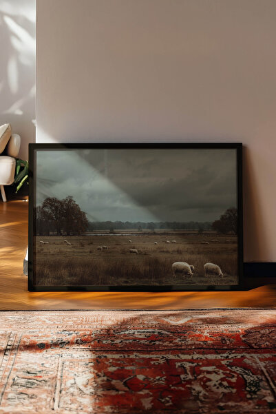 Zestia Vintage Horizontal Wall Art, Green Valley Sheep Pasture, Black Framed ...