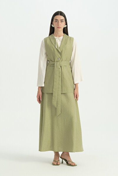 Nihan Belted Shawl Collar Lyocell Vest - Green
