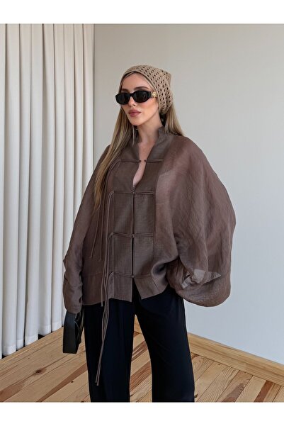 Laluvia Brown String Lace Transparent Kimono - 5098