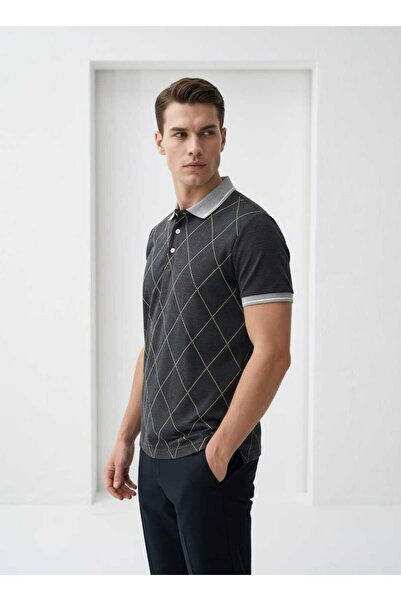 Giyim Dünyası Men's Diamond Patterned Polo Collar Tshirt Anthracite