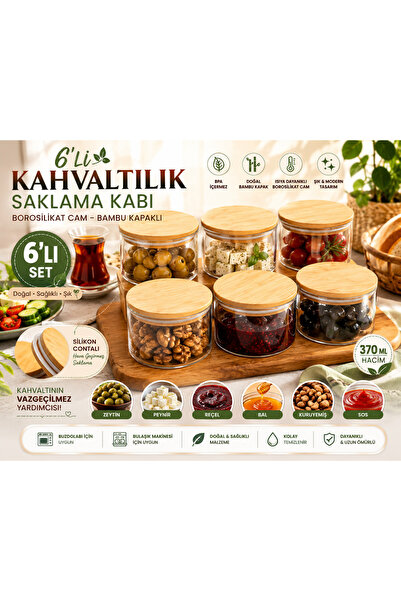 DİLAY HOME 6’lı Borosilikat Cam Kahvaltılık Saklama Kabı Seti – Bambu Kapaklı...