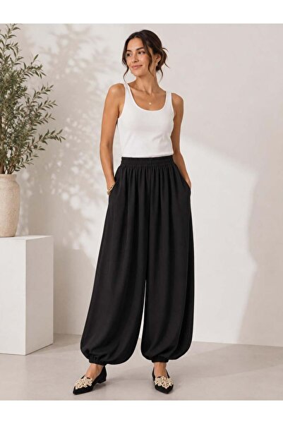 aguaje A60066 Beli Lastikli Şalvar Pantolon / SİYAH