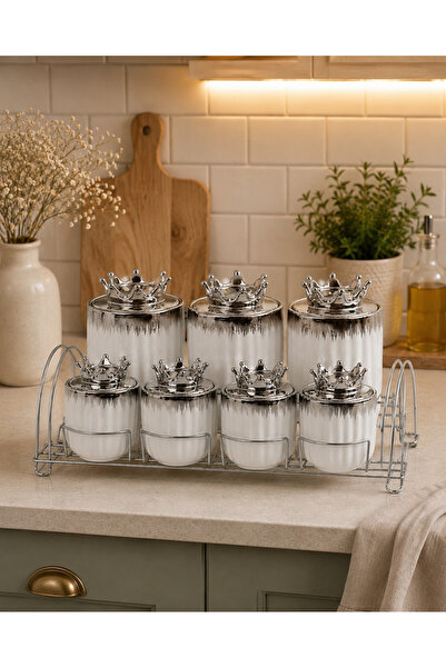 CEZVE HOME Crowned Silver Patterned Porcelain Spice Set 7-Piece Set Storage J...