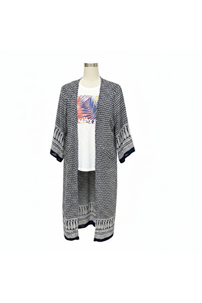Generic Women's Navy and White Printed Longline Kimono